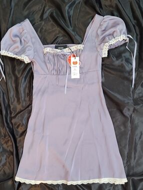 Cider Lavender Puff-Sleeve Lace-Trim Mini Dress